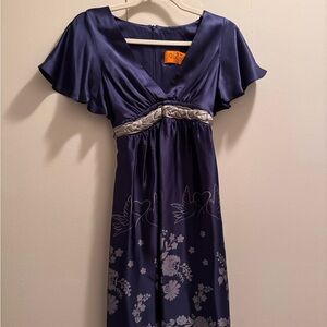 Vintage Voom by Joy Han 100% Silk Elegant Blue Floral Dress
